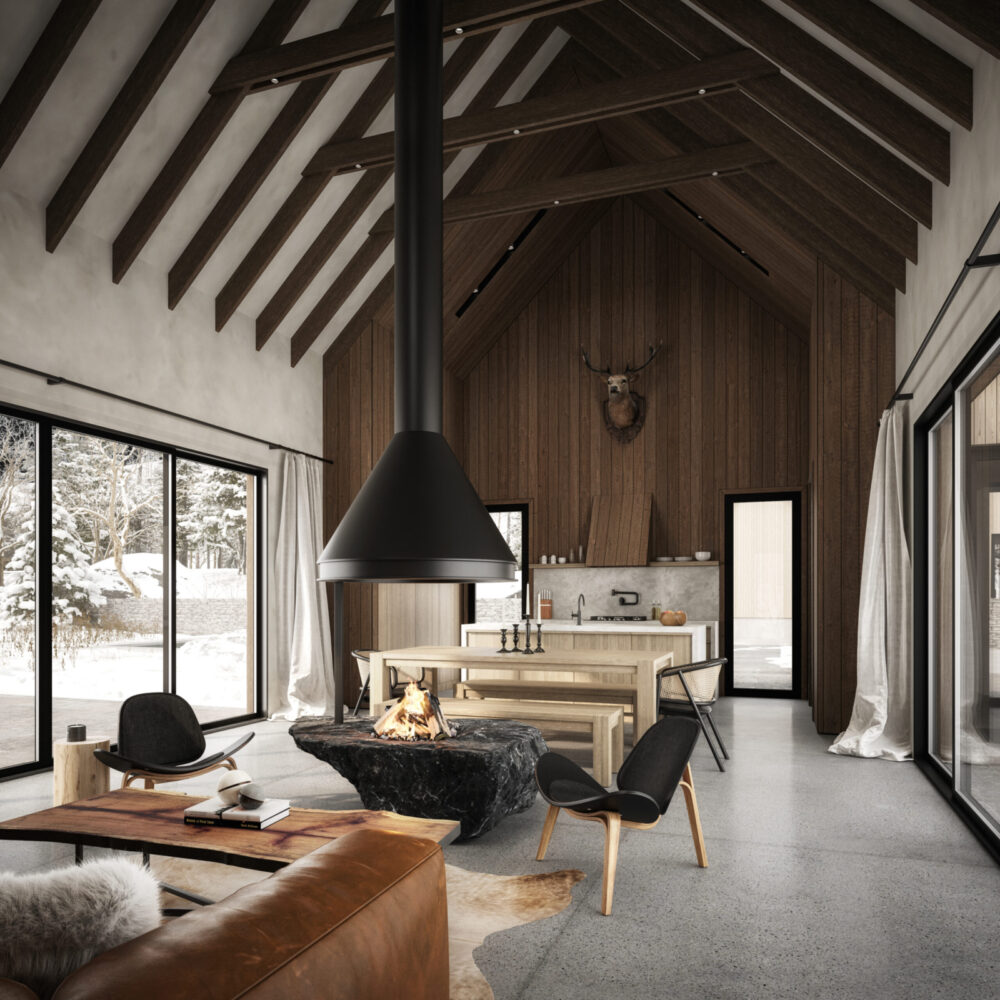 Interior 3D Architectural Visualization and Rendering of Modern Cabin Living Space