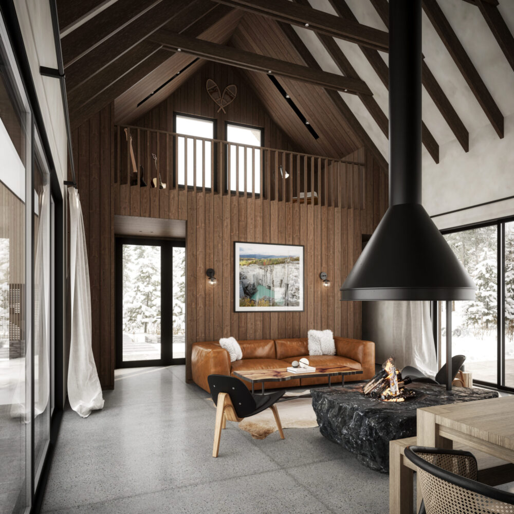 Interior 3D Architectural Visualization and Rendering of Modern Cabin Living Room